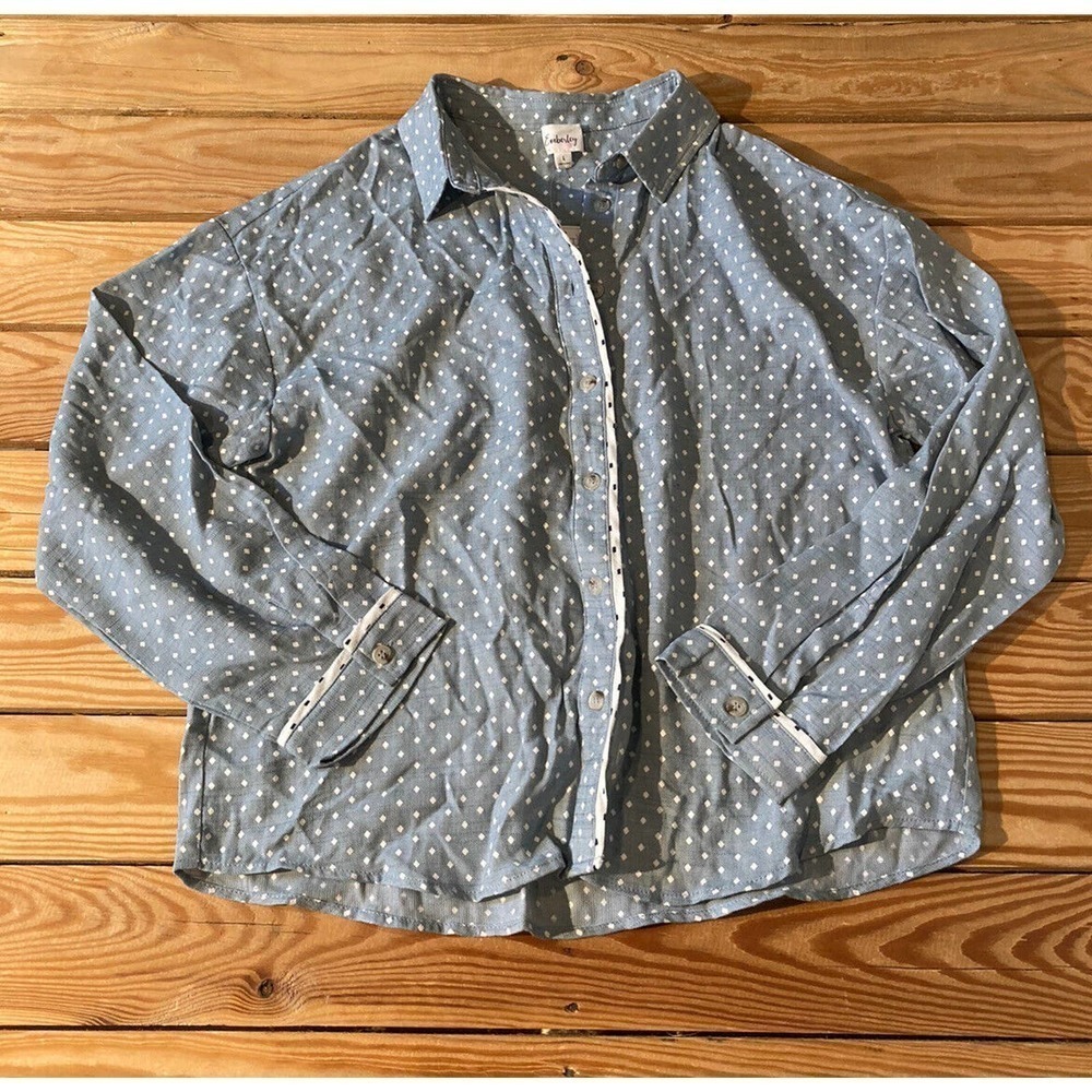 NWT Emberley Soft Denim Button Down Top Large Women’s Blue Printed MSRP $42.99